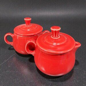 Vintage Fiesta Ware Scarlet Red Ceramic Sugar And Creamer Set W Lids Fiestaware